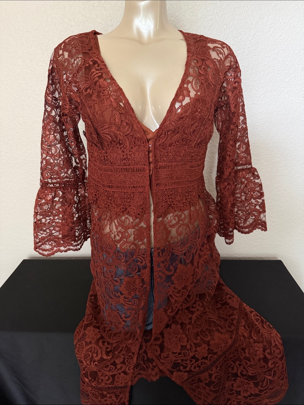 Rust-Tone Lace Longline Cardigan